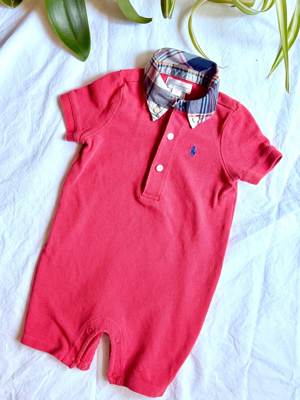Ralph Lauren Red Polo Baby Romper with Plaid Collar
